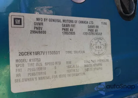 1997 Chevrolet K1500 Fleetside/Sportside z USA, uszkodzony, nr VIN 2GCEK19R7V1150531